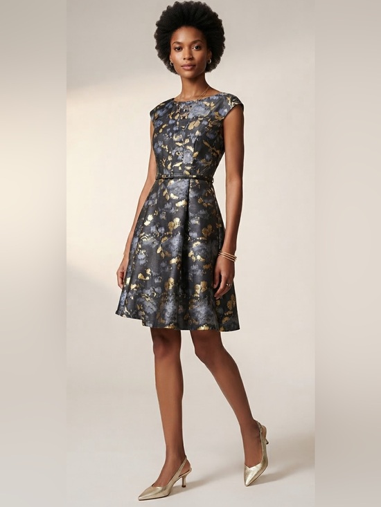 Eliza J Dresses & Skirts - Eliza J. Floral Jacquard Cap
Sleeve Black Gold Metallic Fit &
Flare Dress • NWOT